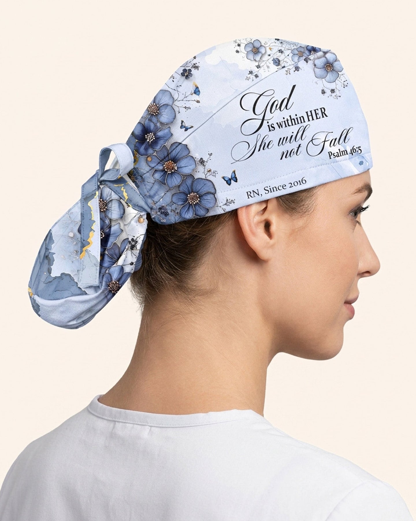 Personalized Job Title And Year God Is Within Her She Will Not Fall Nurse Flower Premium Satin-Lined Scrub Cap - Scrubloop