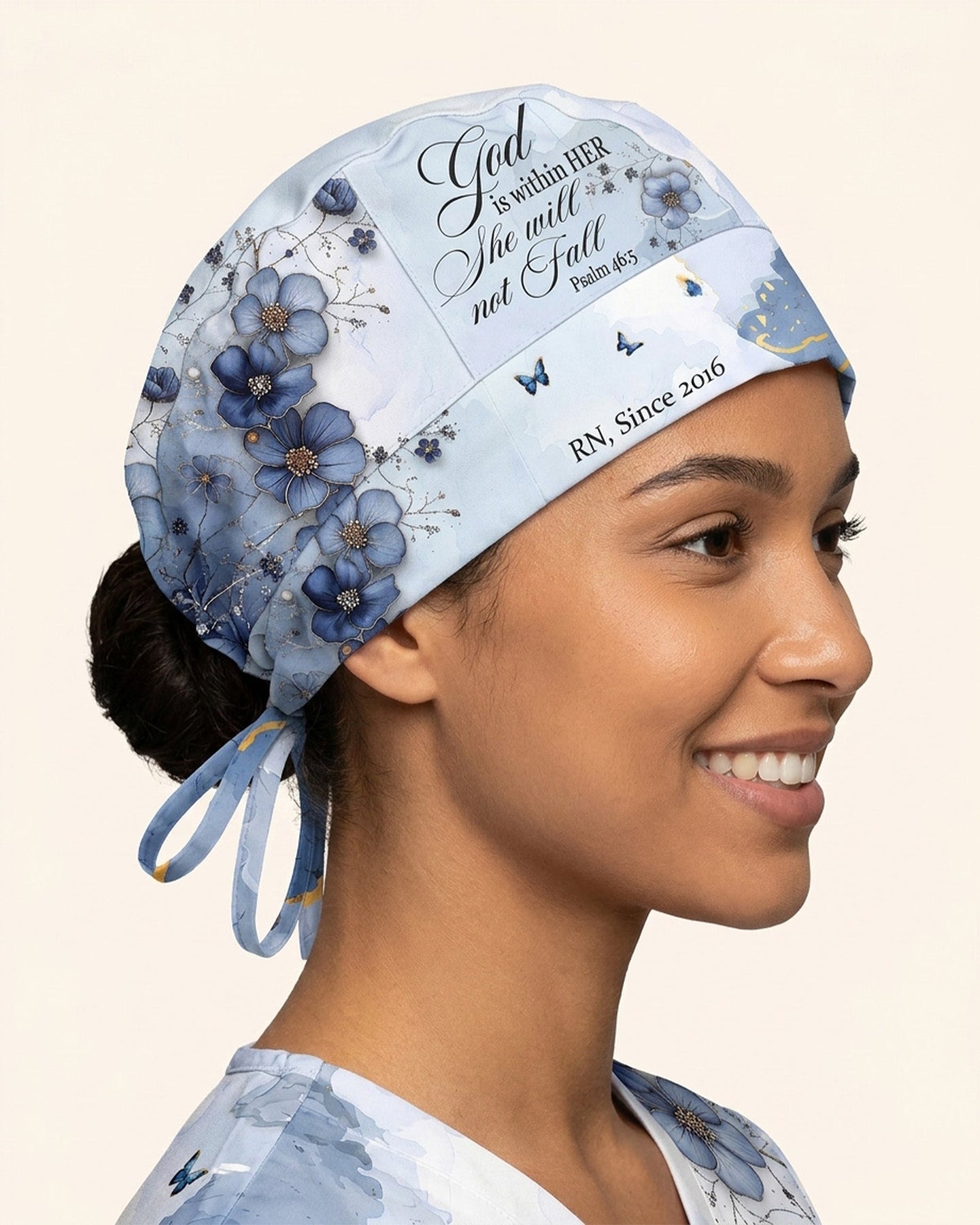 Personalized Job Title And Year God Is Within Her She Will Not Fall Nurse Flower Premium Satin-Lined Scrub Cap - Scrubloop
