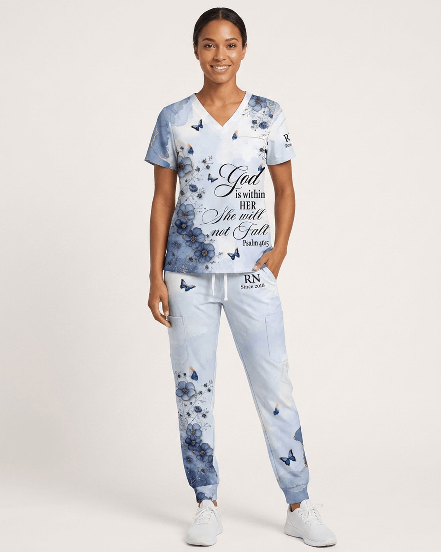 Personalized Job Title And Year God Is Within Her She Will Not Fall Nurse Flower Women's One-Pocket V-neck Scrub Set - Scrubloop