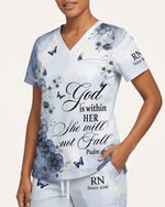 Personalized Job Title And Year God Is Within Her She Will Not Fall Nurse Flower Women's One-Pocket V-neck Scrub Set - Scrubloop