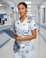 Personalized Job Title And Year God Is Within Her She Will Not Fall Nurse Flower Women's One-Pocket V-neck Scrub Set - Scrubloop