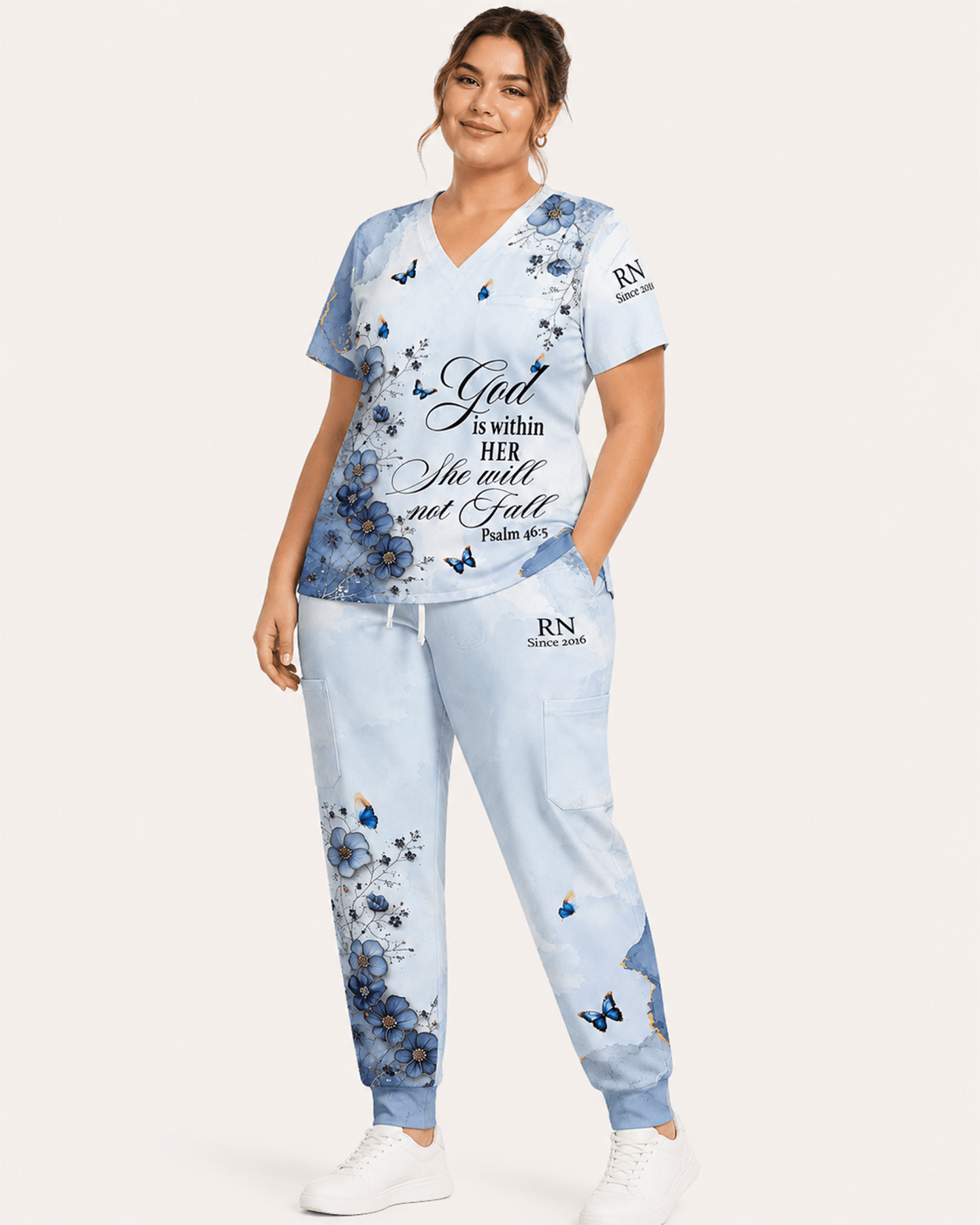 Personalized Job Title And Year God Is Within Her She Will Not Fall Nurse Flower Women's One-Pocket V-neck Scrub Set - Scrubloop