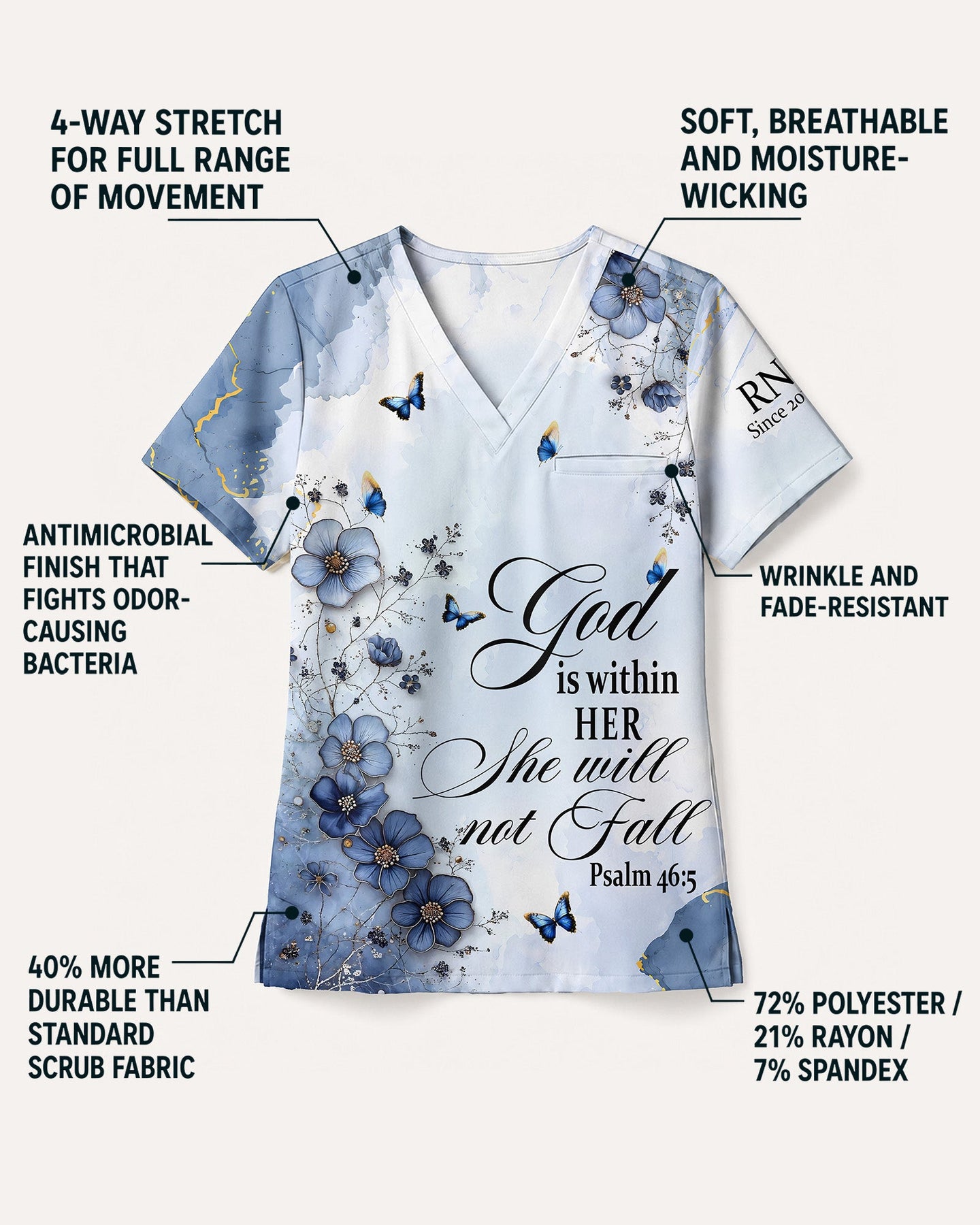 Personalized Job Title And Year God Is Within Her She Will Not Fall Nurse Flower Women's One-Pocket V-neck Scrub Set - Scrubloop