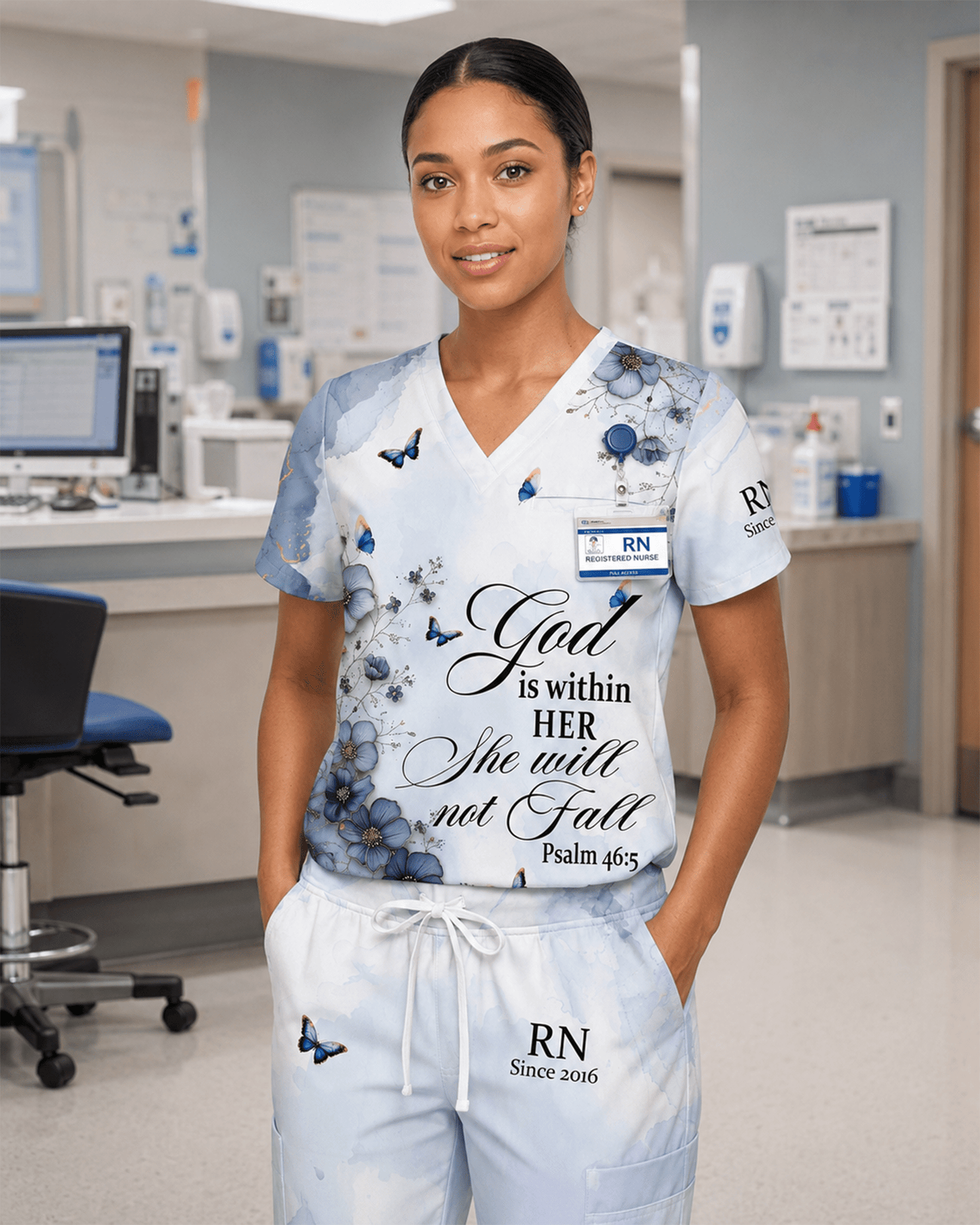 Personalized Job Title And Year God Is Within Her She Will Not Fall Nurse Flower Women's One-Pocket V-neck Scrub Set - Scrubloop