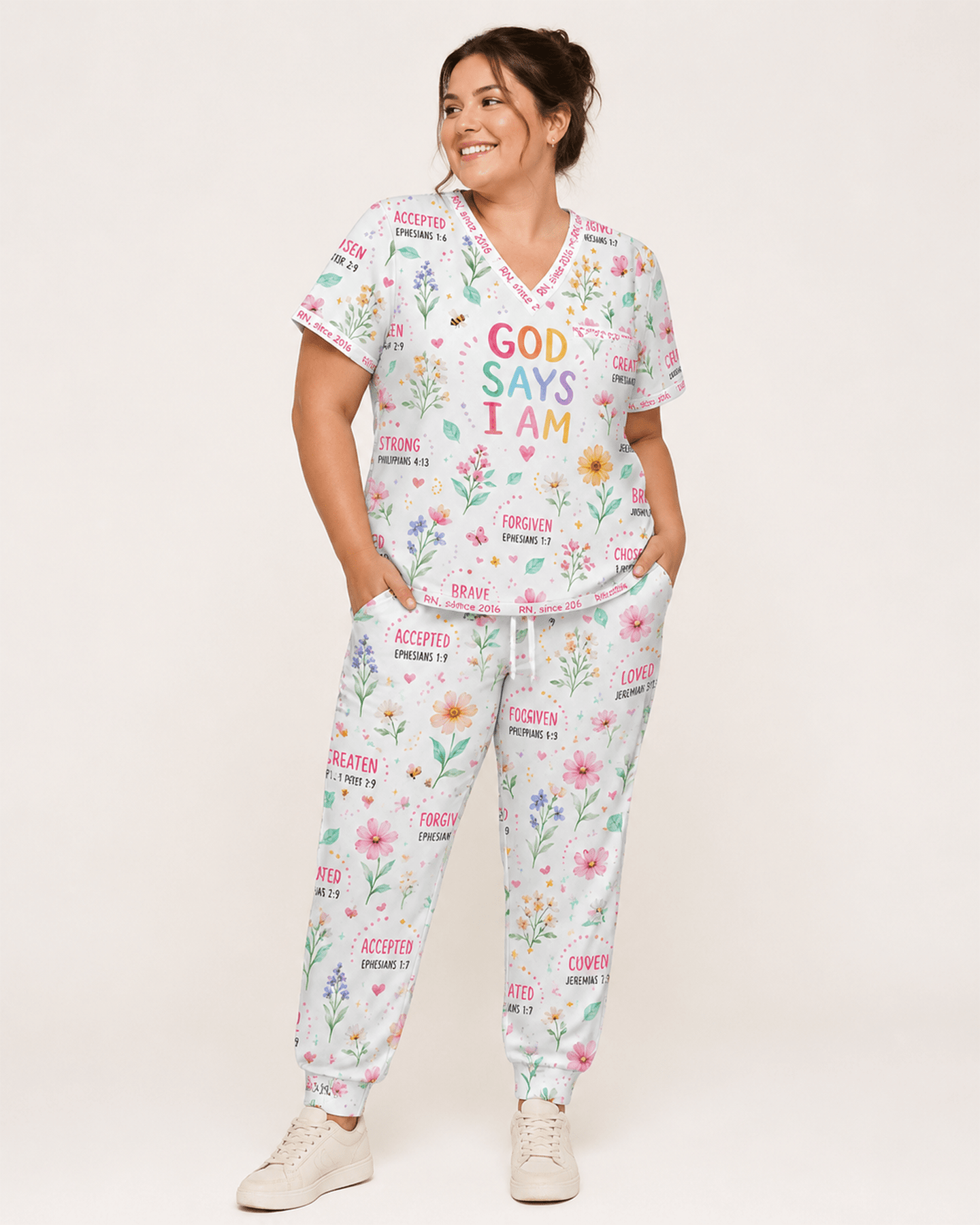 Personalized Job Title And Year Nurse God Says I Am Flower Women's One-Pocket V-neck Scrub Set - Scrubloop