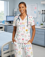 Personalized Job Title And Year Nurse God Says I Am Flower Women's One-Pocket V-neck Scrub Set - Scrubloop