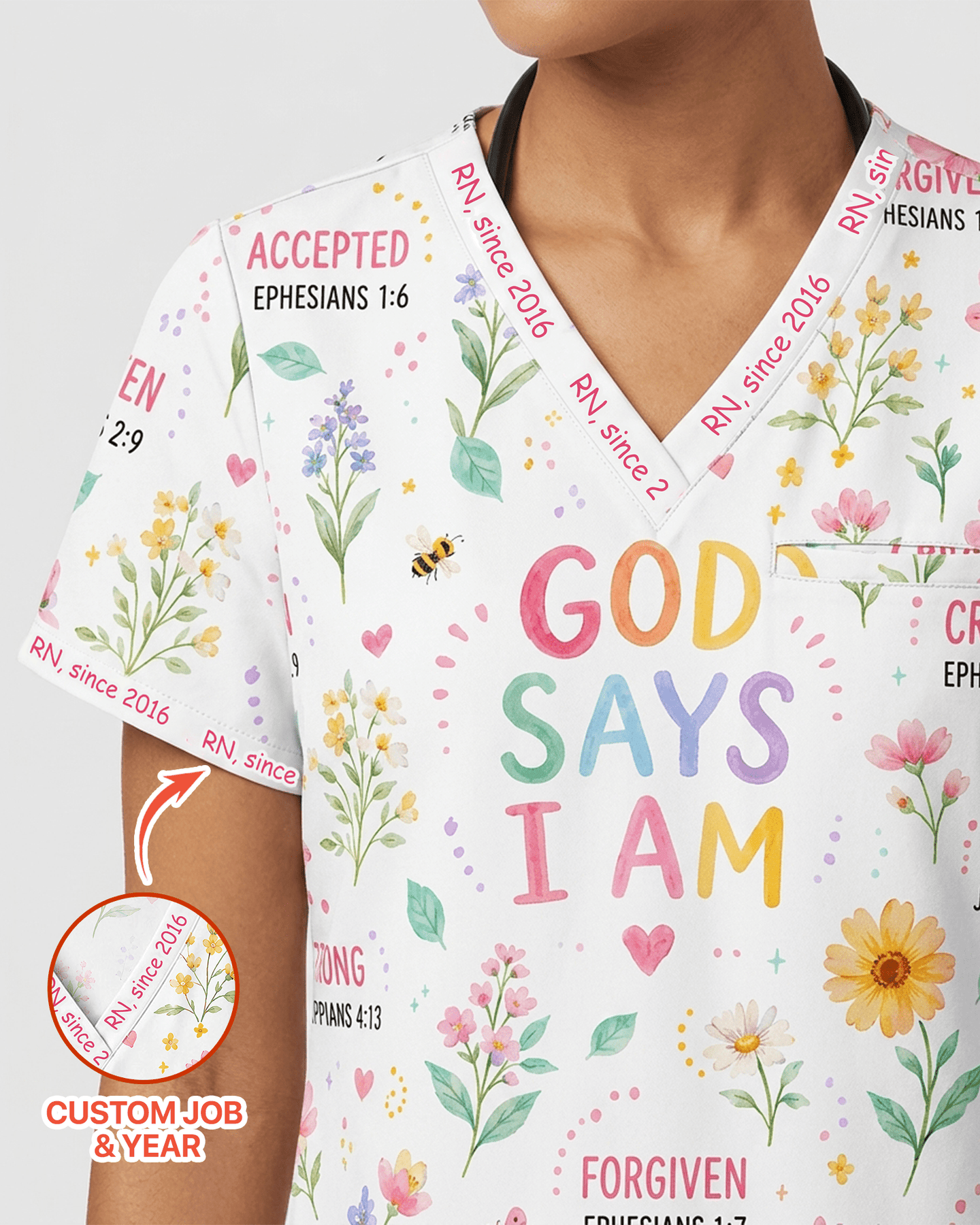 Personalized Job Title And Year Nurse God Says I Am Flower Women's One-Pocket V-neck Scrub Set - Scrubloop
