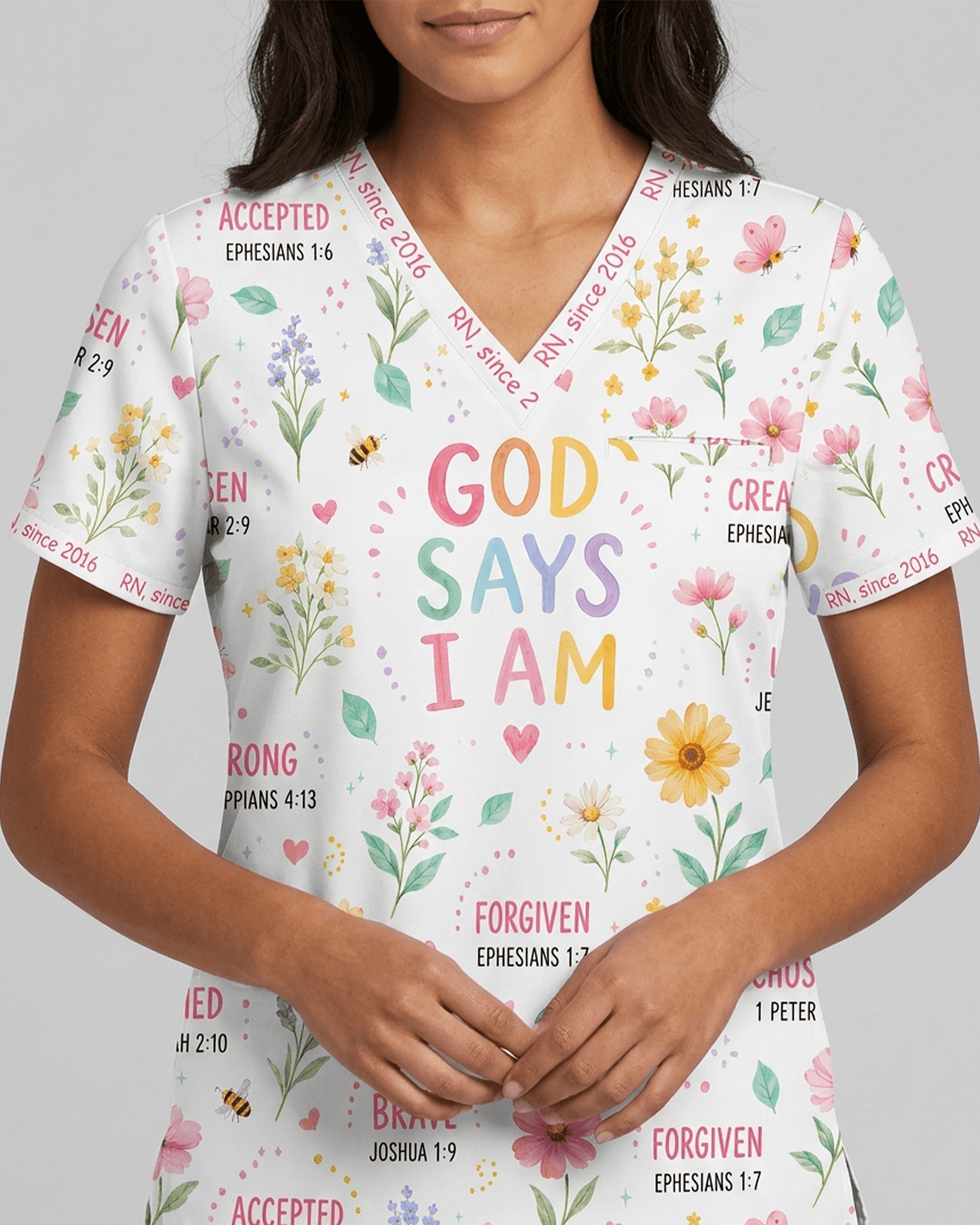 Personalized Job Title And Year Nurse God Says I Am Flower Women's One-Pocket V-neck Scrub Set - Scrubloop