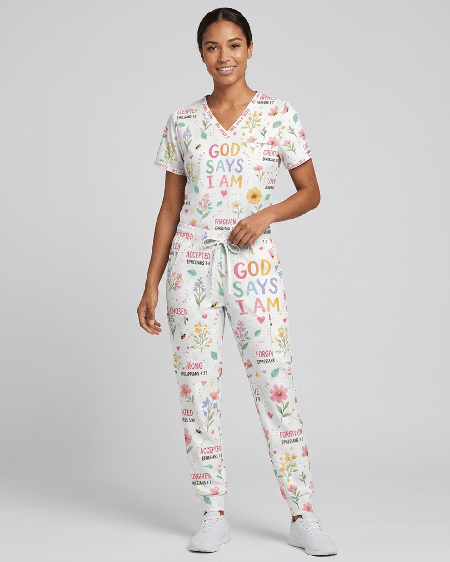 Personalized Job Title And Year Nurse God Says I Am Flower Women's One-Pocket V-neck Scrub Set - Scrubloop