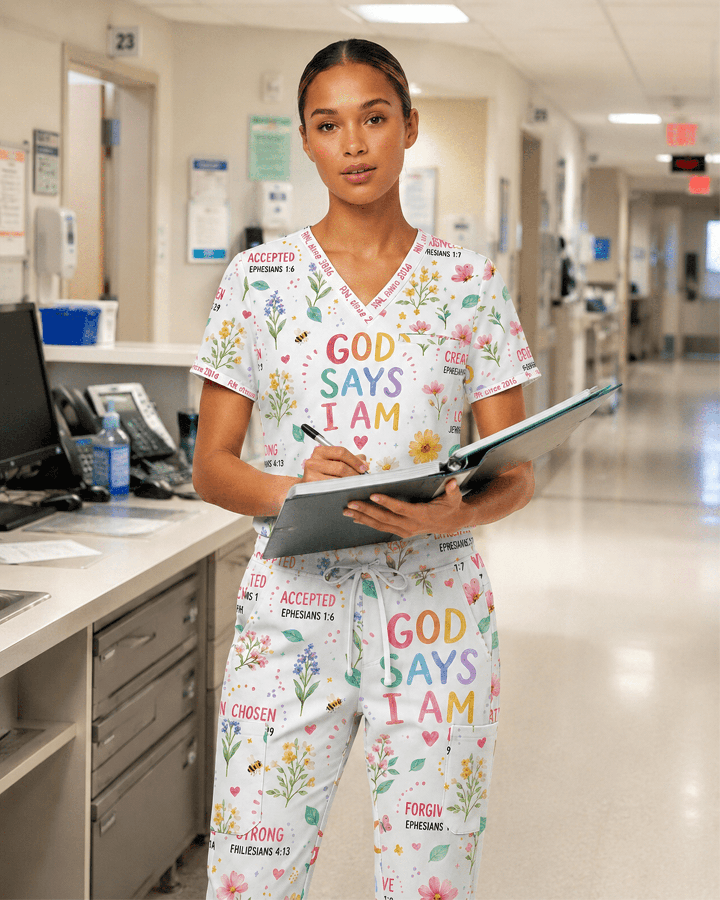 Personalized Job Title And Year Nurse God Says I Am Flower Women's One-Pocket V-neck Scrub Set - Scrubloop