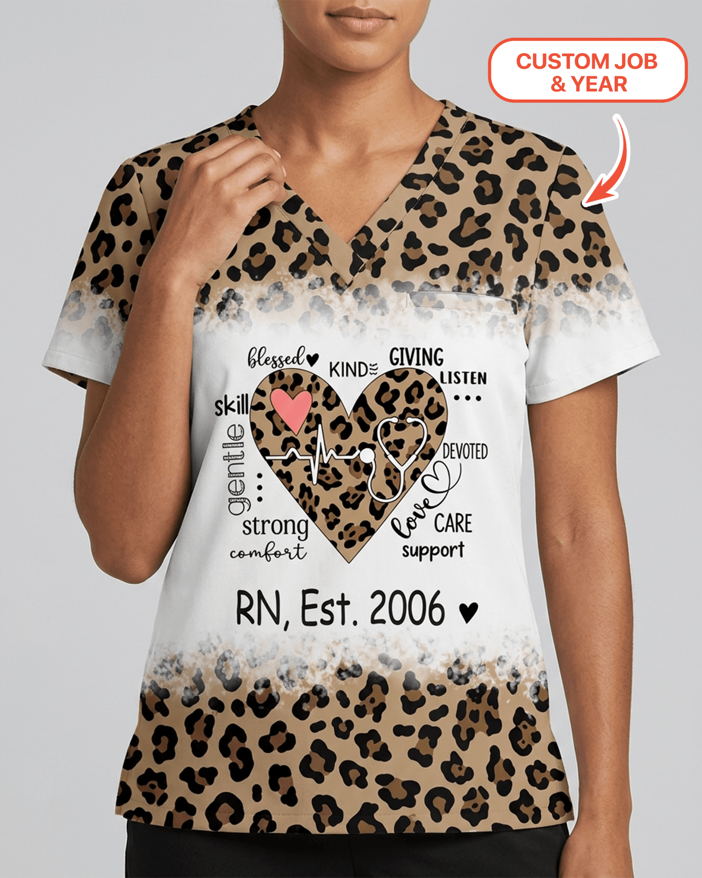 Personalized Job Title And Year Nurse Heart Leopard Pattern Women's One-Pocket V-neck Scrub Set - Scrubloop