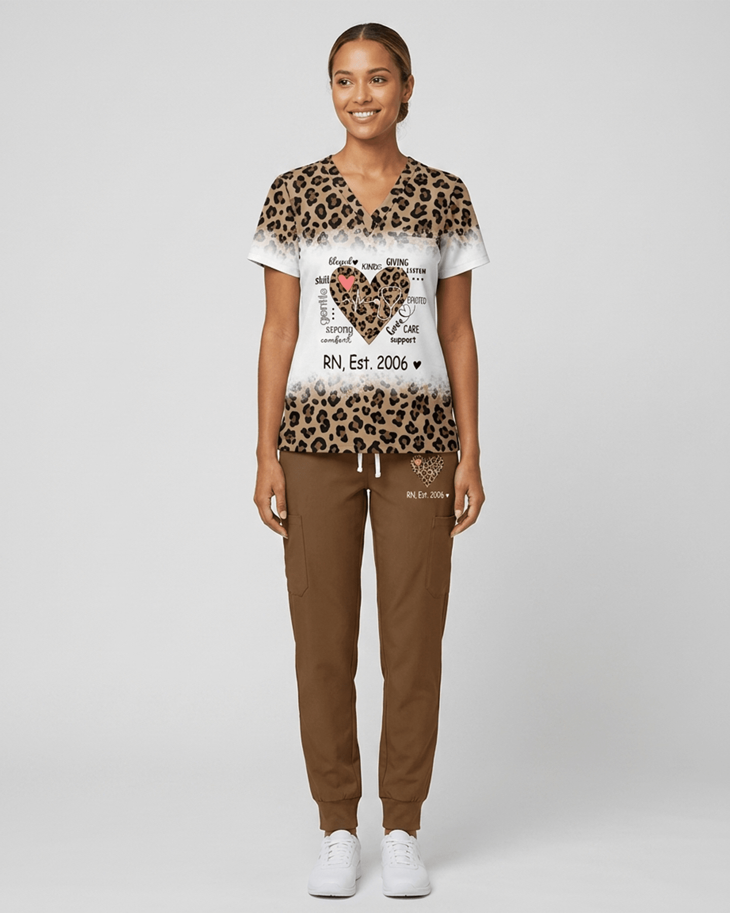 Personalized Job Title And Year Nurse Heart Leopard Pattern Women's One-Pocket V-neck Scrub Set - Scrubloop