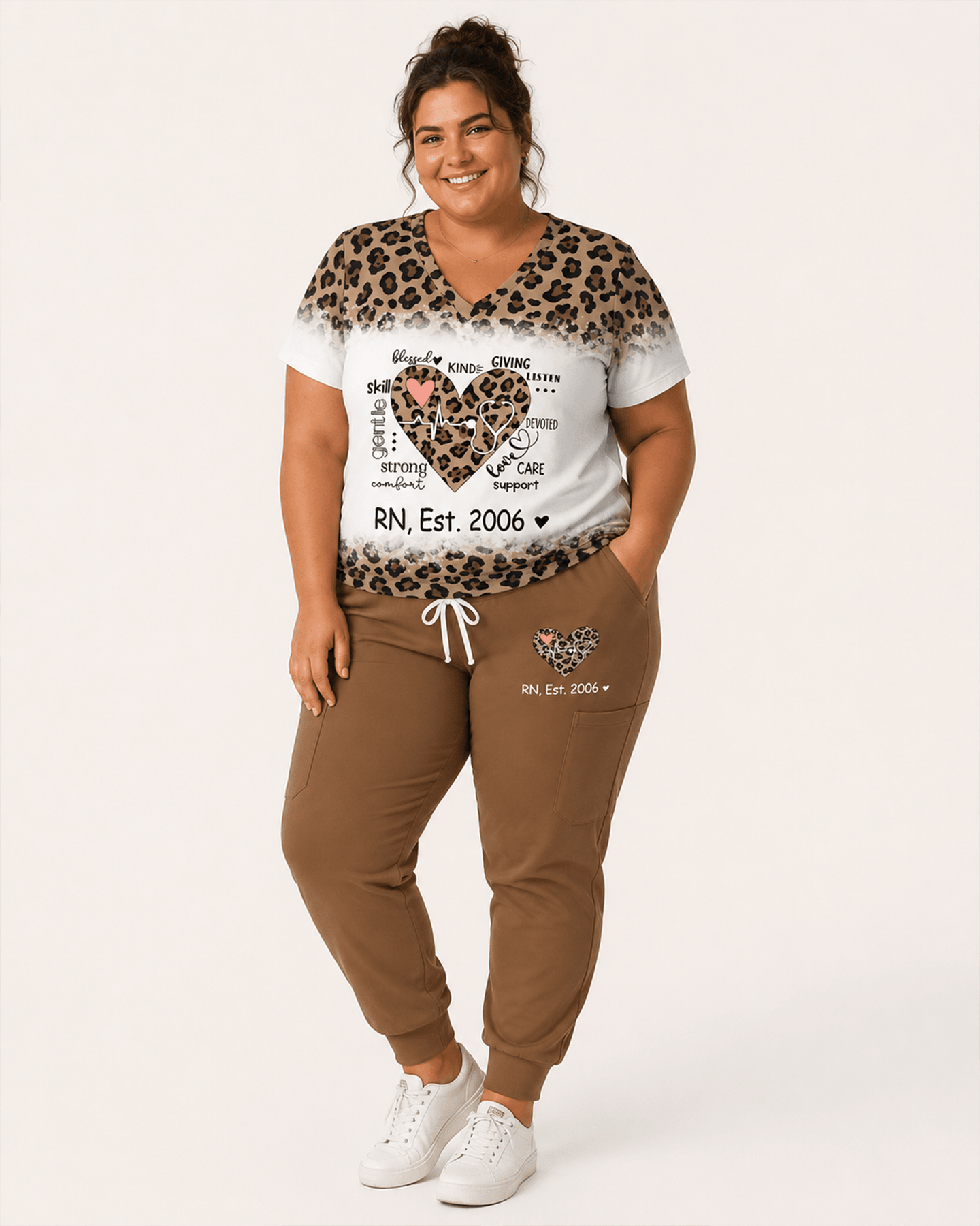 Personalized Job Title And Year Nurse Heart Leopard Pattern Women's One-Pocket V-neck Scrub Set - Scrubloop