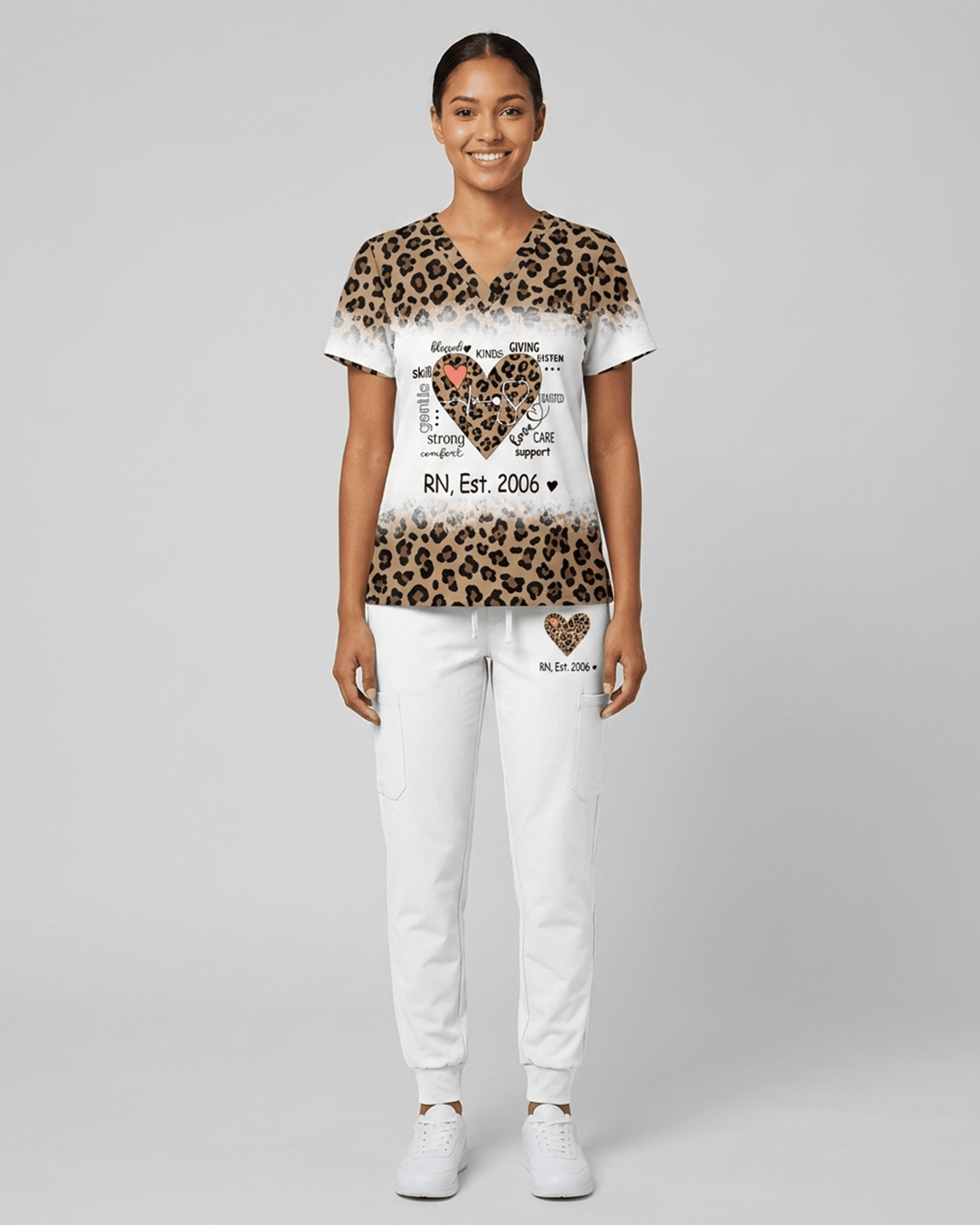 Personalized Job Title And Year Nurse Heart Leopard Pattern Women's One-Pocket V-neck Scrub Set - Scrubloop