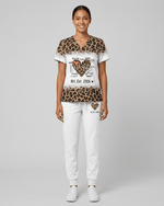 Personalized Job Title And Year Nurse Heart Leopard Pattern Women's One-Pocket V-neck Scrub Set - Scrubloop