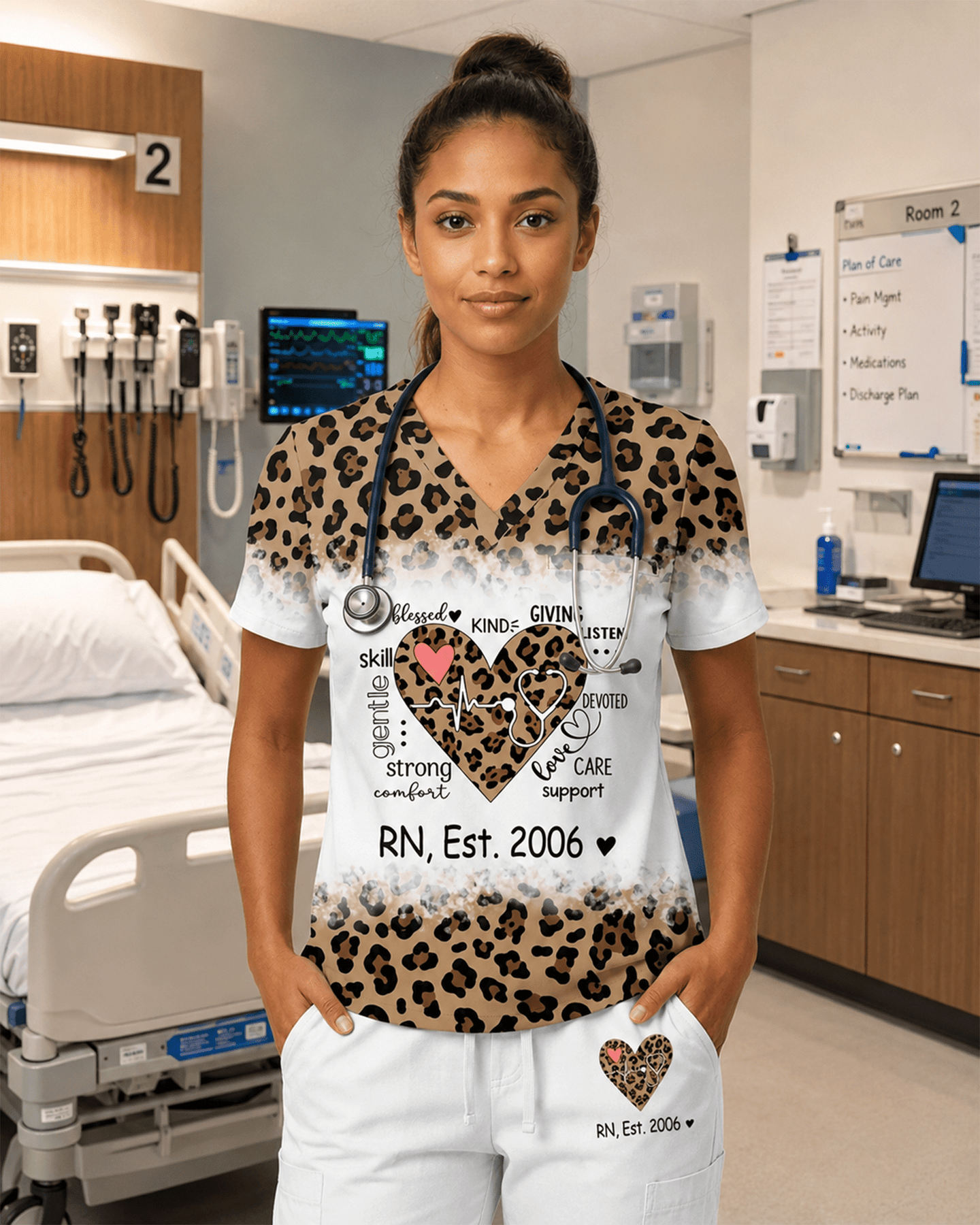 Personalized Job Title And Year Nurse Heart Leopard Pattern Women's One-Pocket V-neck Scrub Set - Scrubloop