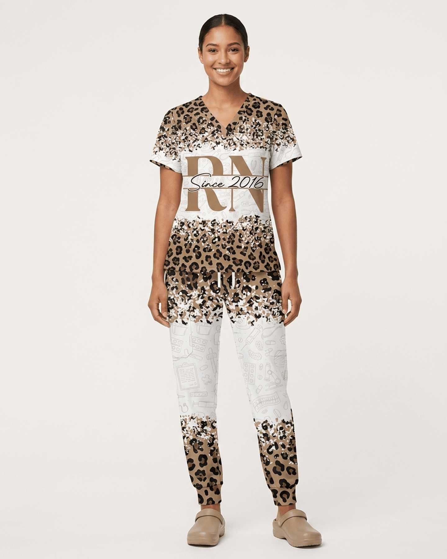Personalized Job Title And Year Nurse Leopard Pattern Women's One-Pocket V-neck Scrub Set - Scrubloop