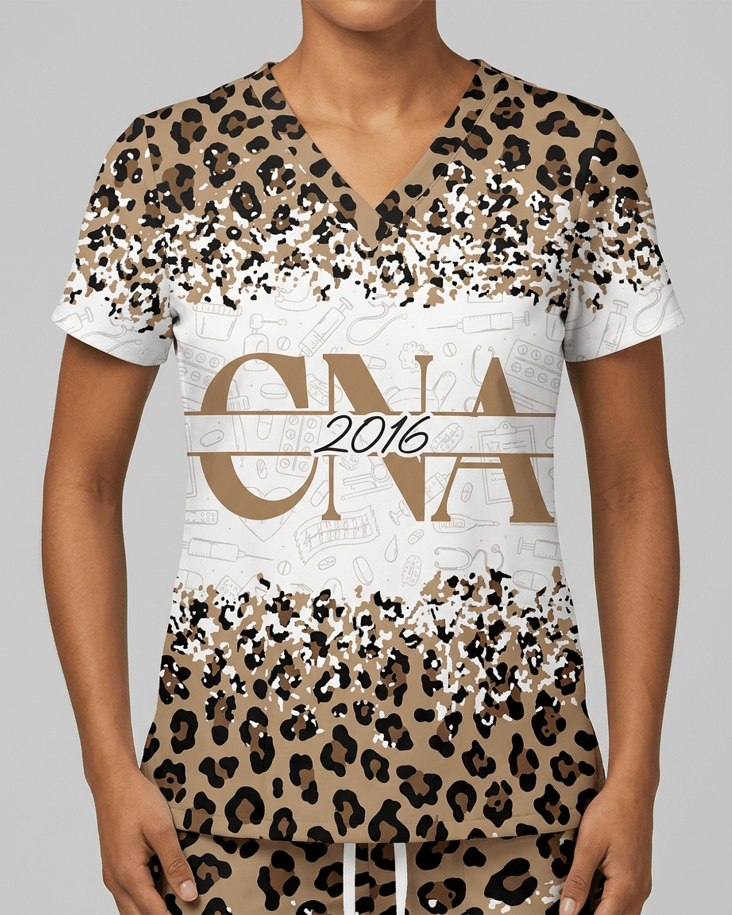 Personalized Job Title And Year Nurse Leopard Pattern Women's One-Pocket V-neck Scrub Set - Scrubloop