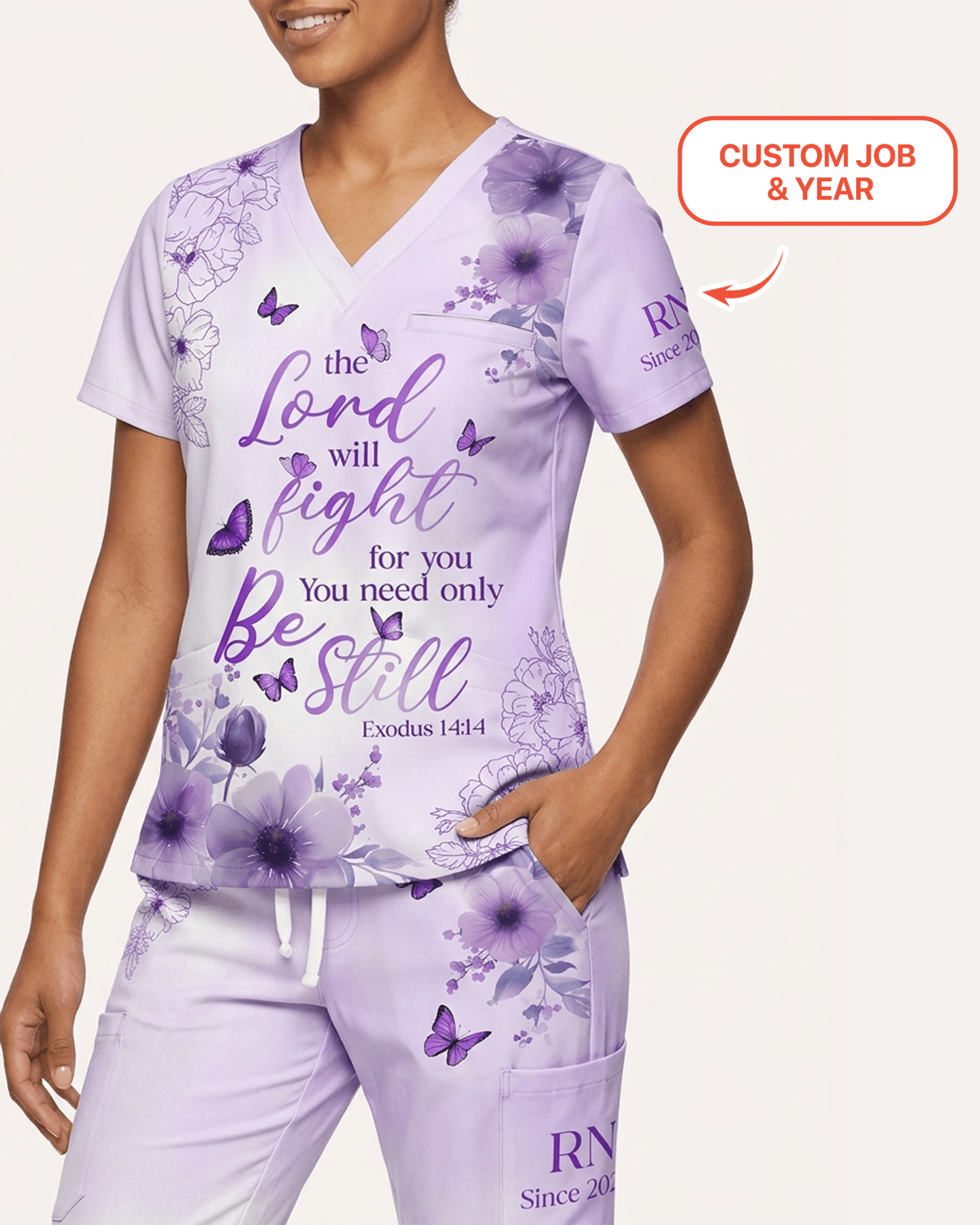 Personalized Job Title And Year The Lord With Fight For You Nurse Flower Women's One-Pocket V-neck Scrub Set - Scrubloop