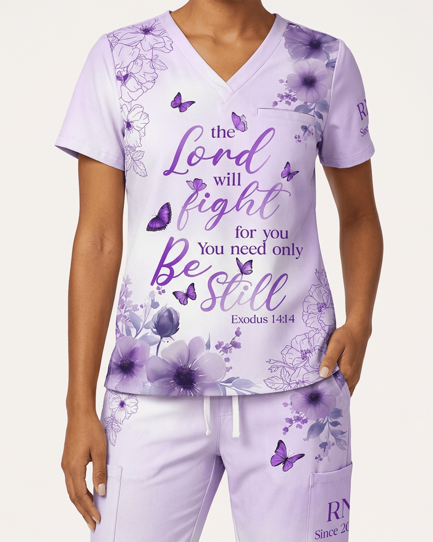 Personalized Job Title And Year The Lord With Fight For You Nurse Flower Women's One-Pocket V-neck Scrub Set - Scrubloop