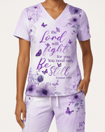 Personalized Job Title And Year The Lord With Fight For You Nurse Flower Women's One-Pocket V-neck Scrub Set - Scrubloop