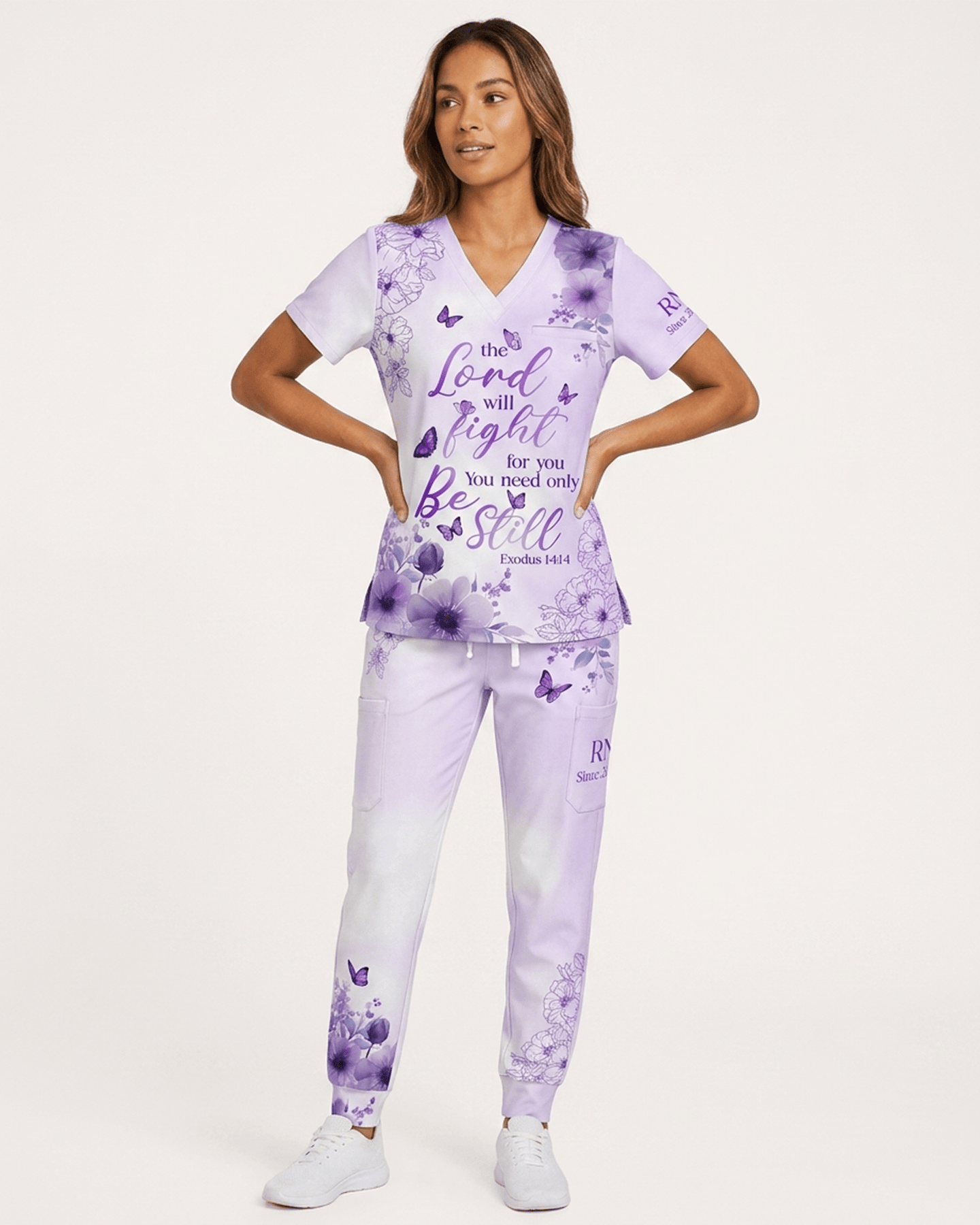 Personalized Job Title And Year The Lord With Fight For You Nurse Flower Women's One-Pocket V-neck Scrub Set - Scrubloop