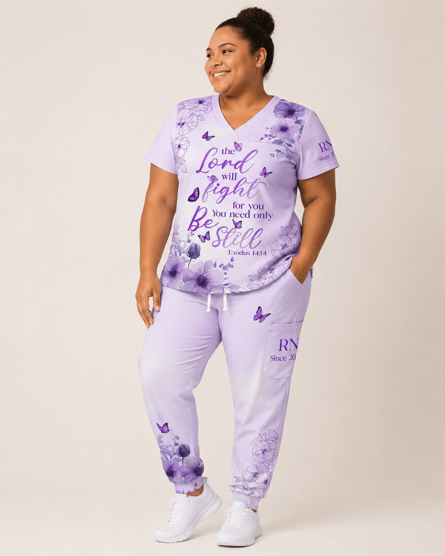 Personalized Job Title And Year The Lord With Fight For You Nurse Flower Women's One-Pocket V-neck Scrub Set - Scrubloop