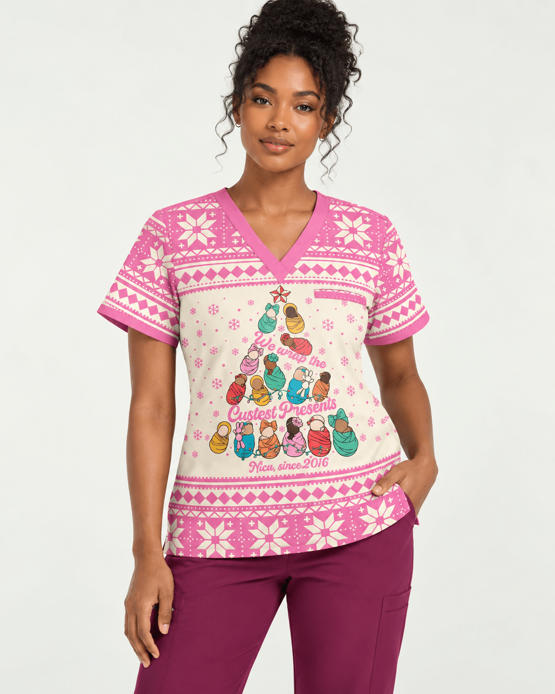 Personalized Job Title And Year We Wrap The Cutest Presents Christmas Tree Gift For NICU Nurse Top - Scrubloop