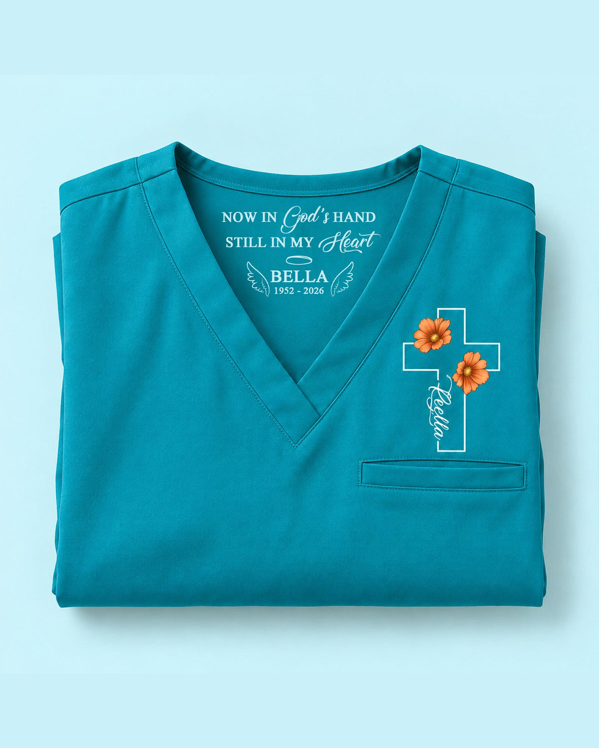 Personalized Name And Birth Month Flower Now In God's Hand Still In My Heart Memorial Hidden Message Gift For Nurse Top - Scrubloop
