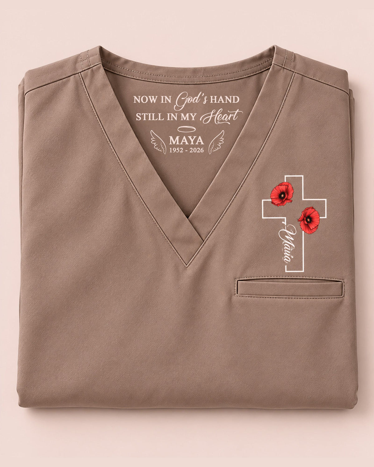 Personalized Name And Birth Month Flower Now In God's Hand Still In My Heart Memorial Hidden Message Gift For Nurse Top - Scrubloop