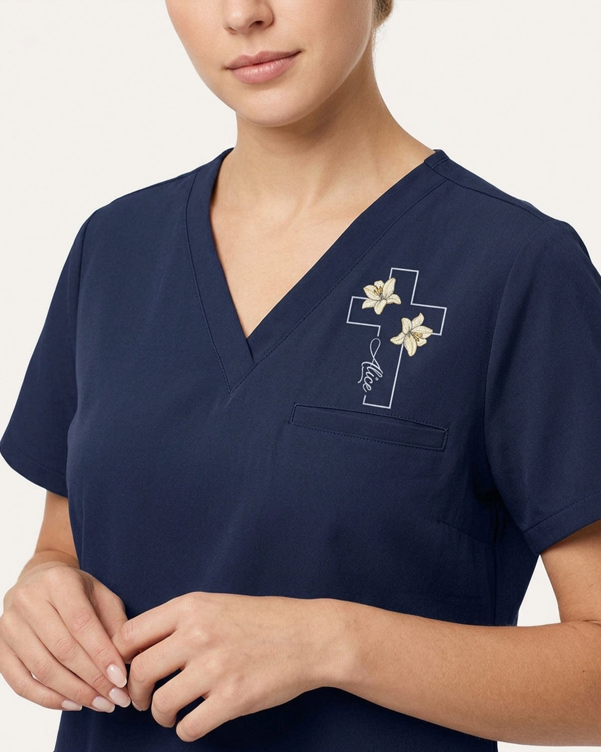 Personalized Name And Birth Month Flower Now In God's Hand Still In My Heart Memorial Hidden Message Gift For Nurse Top - Scrubloop