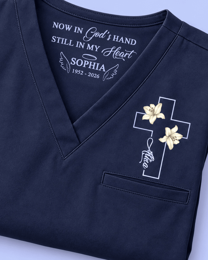 Personalized Name And Birth Month Flower Now In God's Hand Still In My Heart Memorial Hidden Message Gift For Nurse Top