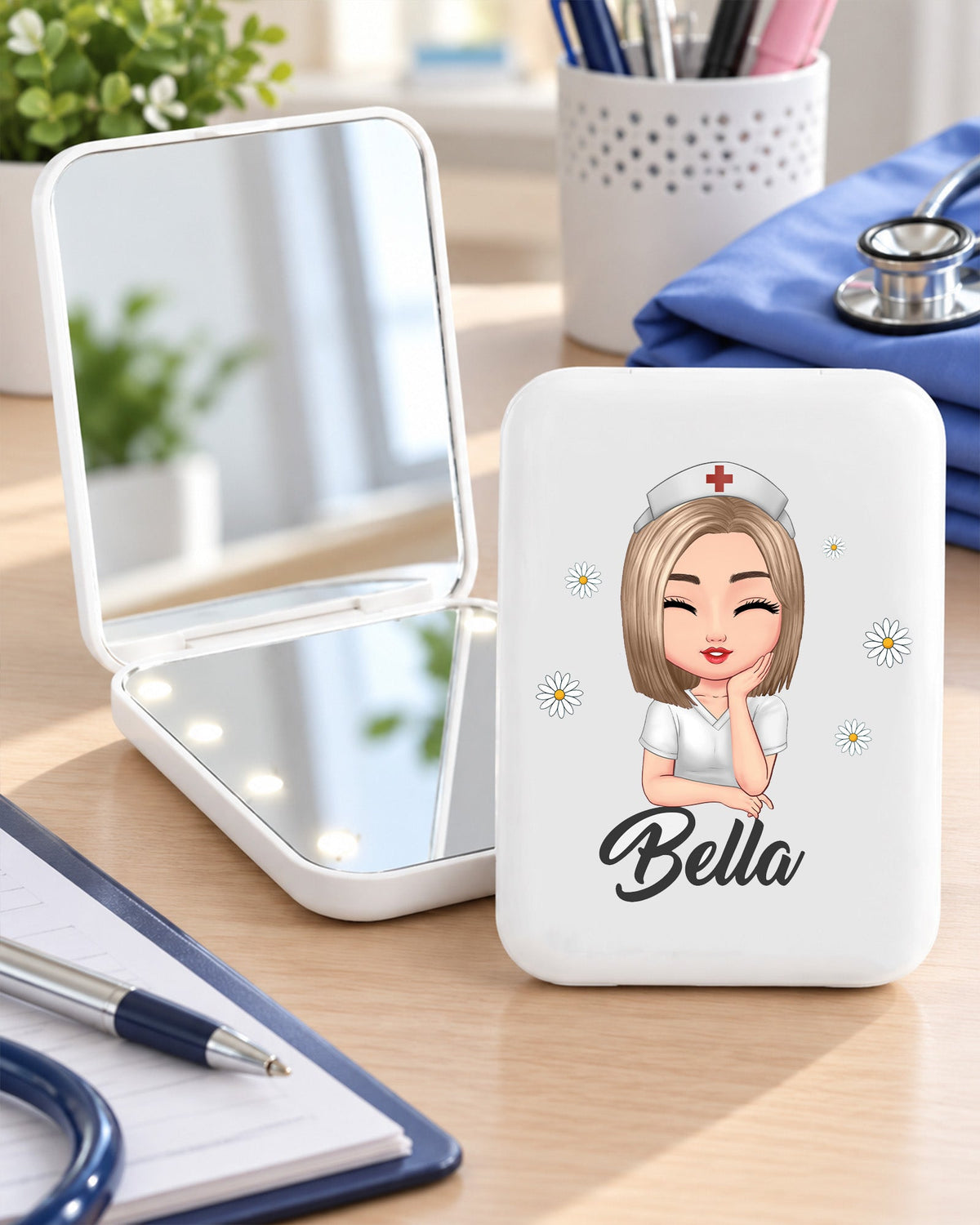 Personalized Name And Character Daisy Flower Gift For Nurse LED Mirror - Scrubloop