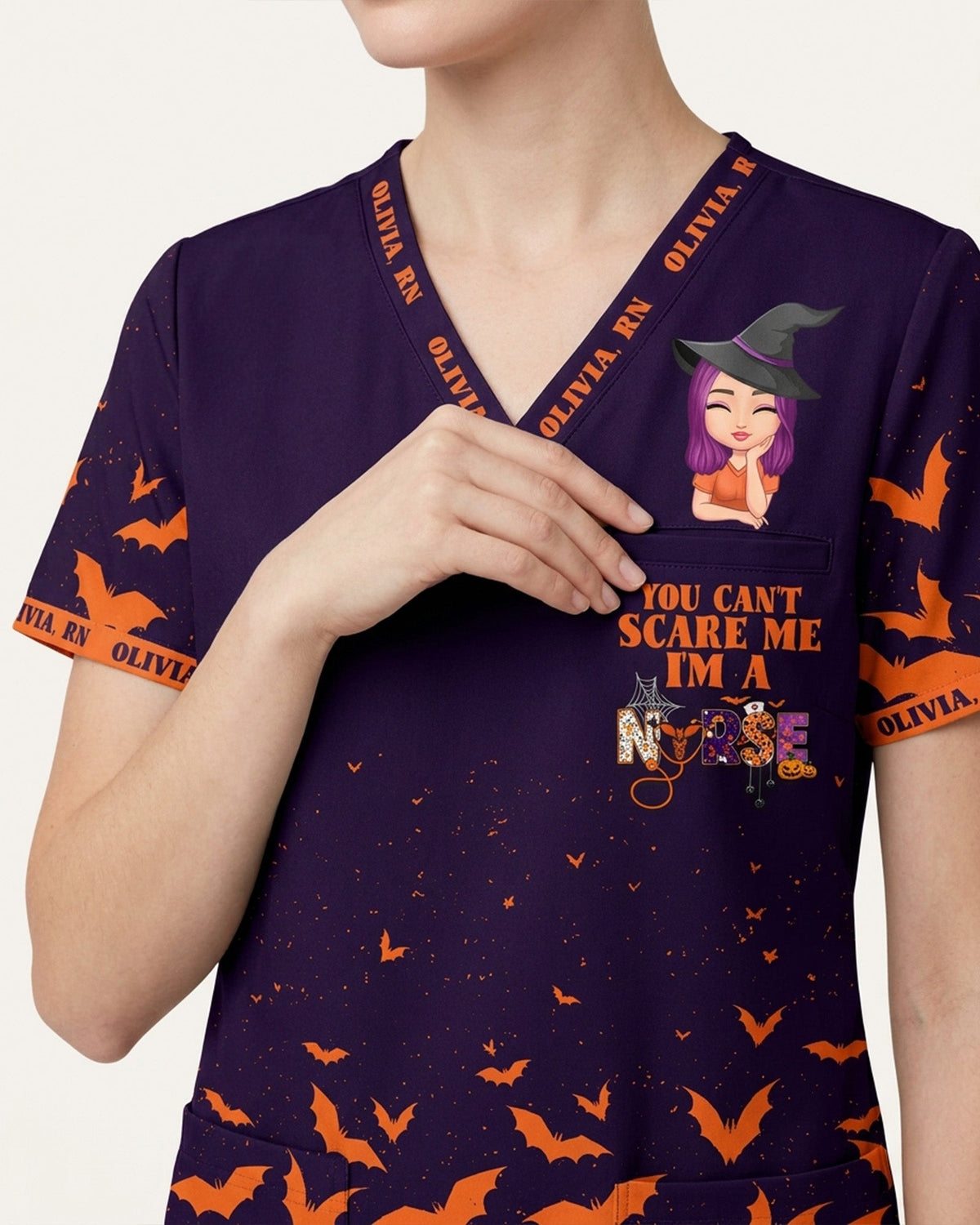 Personalized Name And Character You Can't Scare Me I'm A Nurse Funny Halloween Gift For Nurse Top - Scrubloop