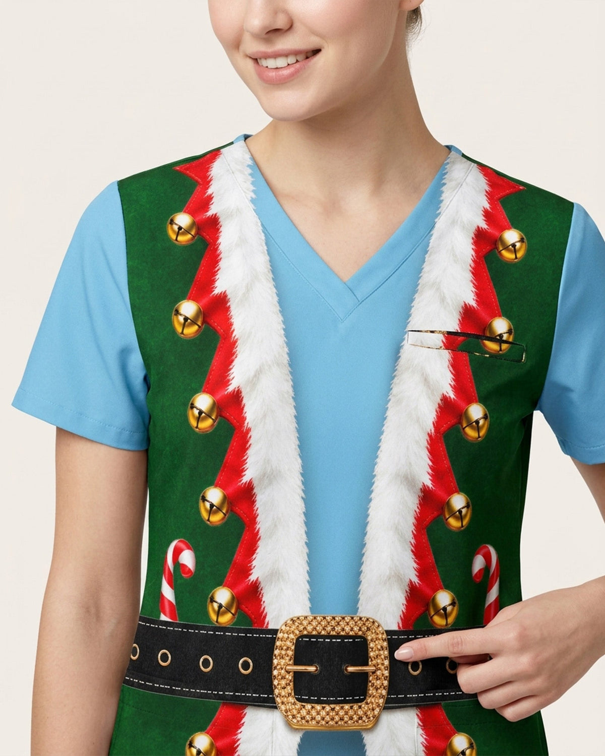 Personalized Name And Job Title Elf Jacket Costome Scrub 3D Effect Print Funny Christmas Gift For Nurse Top - Scrubloop