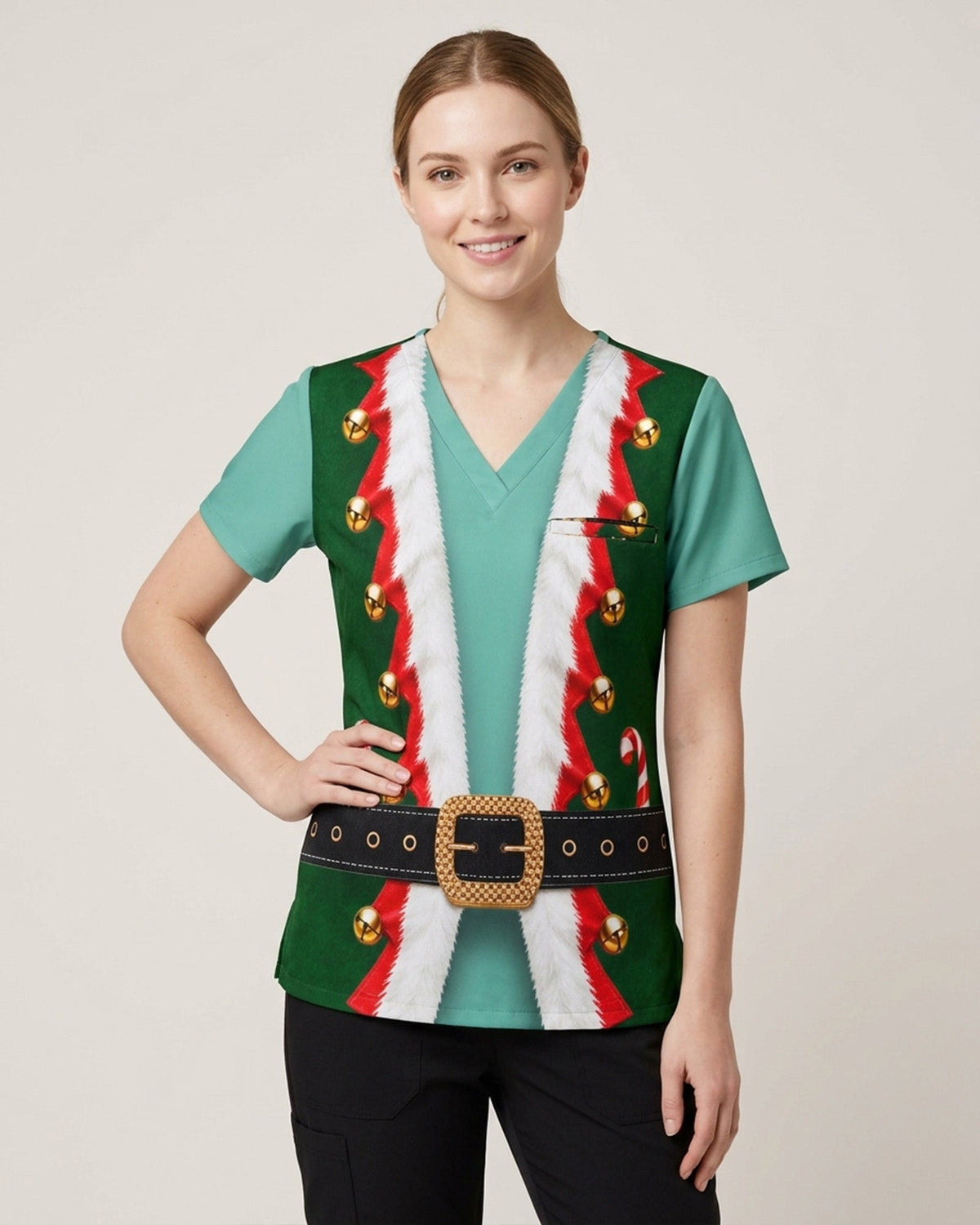 Personalized Name And Job Title Elf Jacket Costome Scrub 3D Effect Print Funny Christmas Gift For Nurse Top - Scrubloop