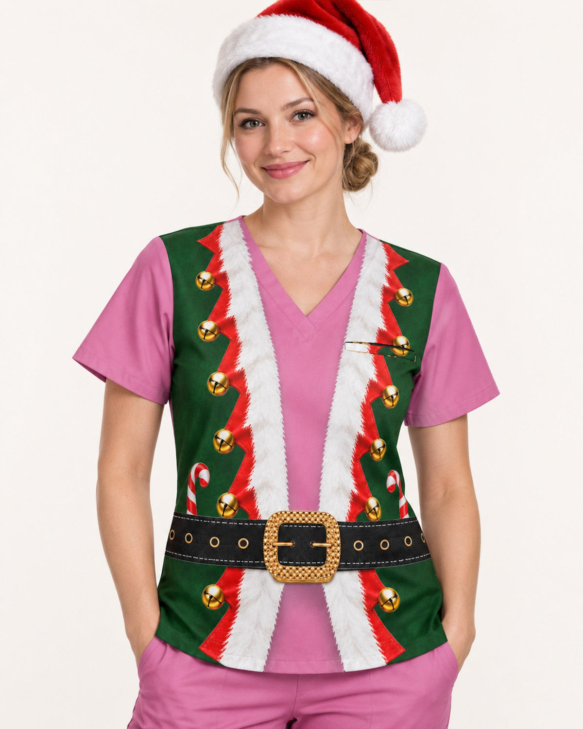 Personalized Name And Job Title Elf Jacket Costome Scrub 3D Effect Print Funny Christmas Gift For Nurse Top - Scrubloop