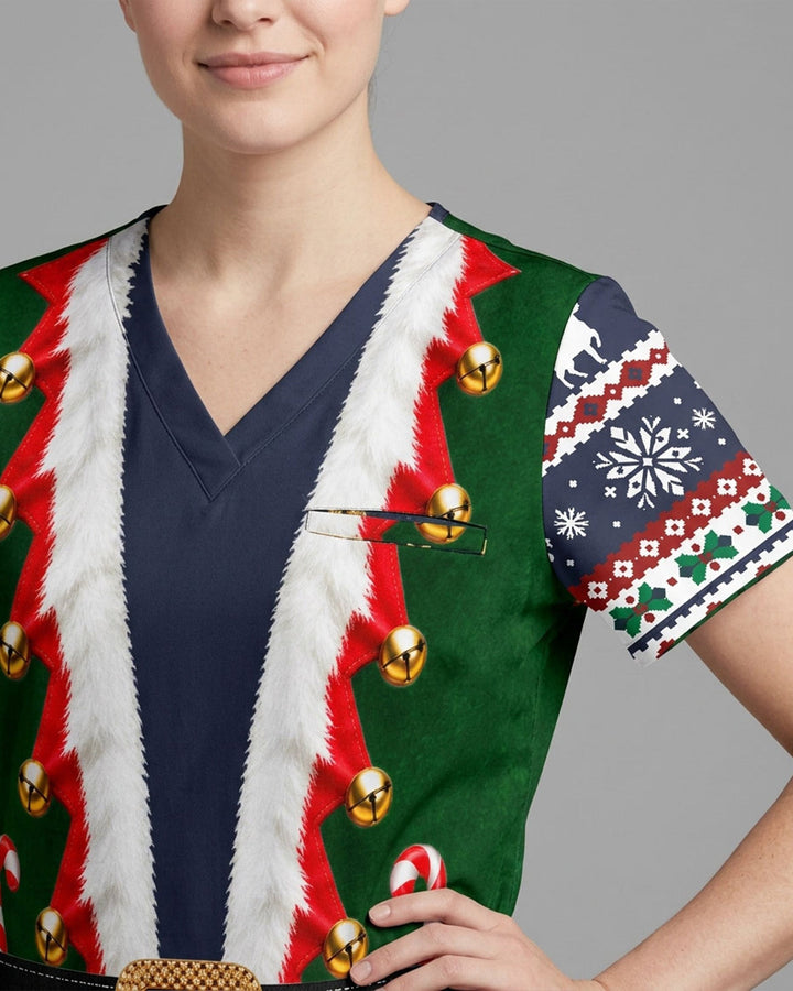 Personalized Name And Job Title Elf Jacket Costome Scrub 3D Effect Print Funny Christmas Gift For Nurse Top