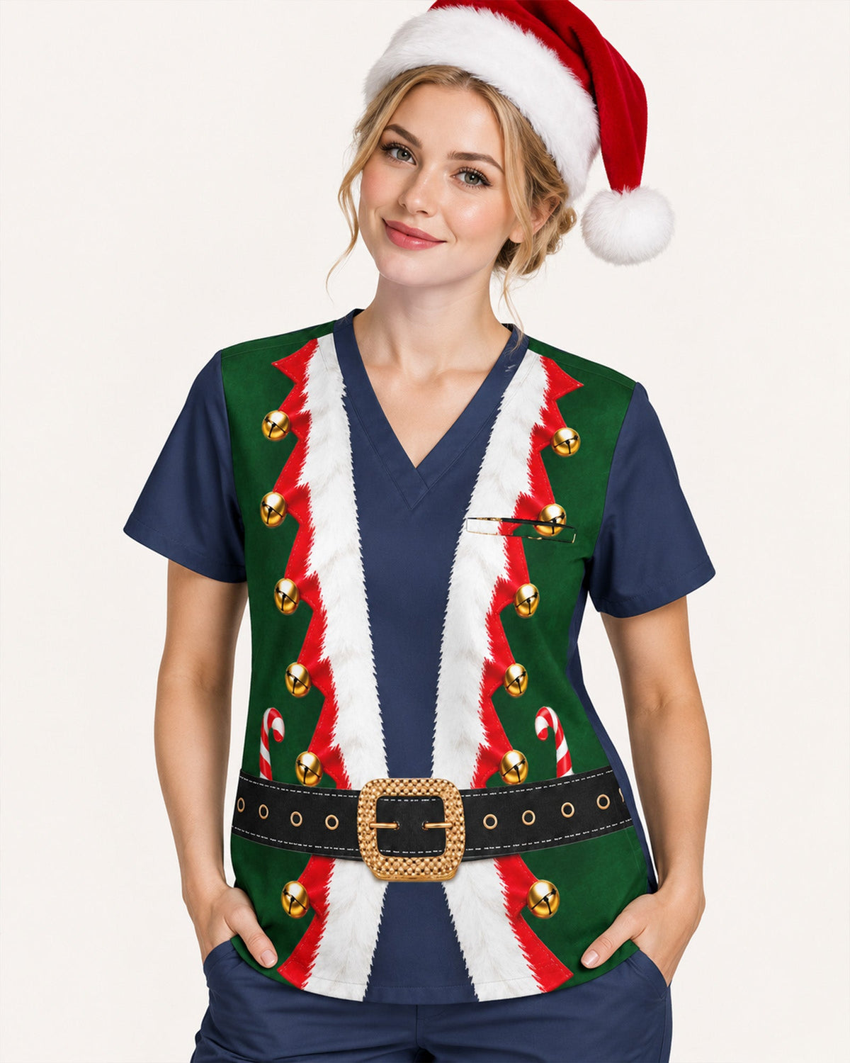 Personalized Name And Job Title Elf Jacket Costome Scrub 3D Effect Print Funny Christmas Gift For Nurse Top - Scrubloop