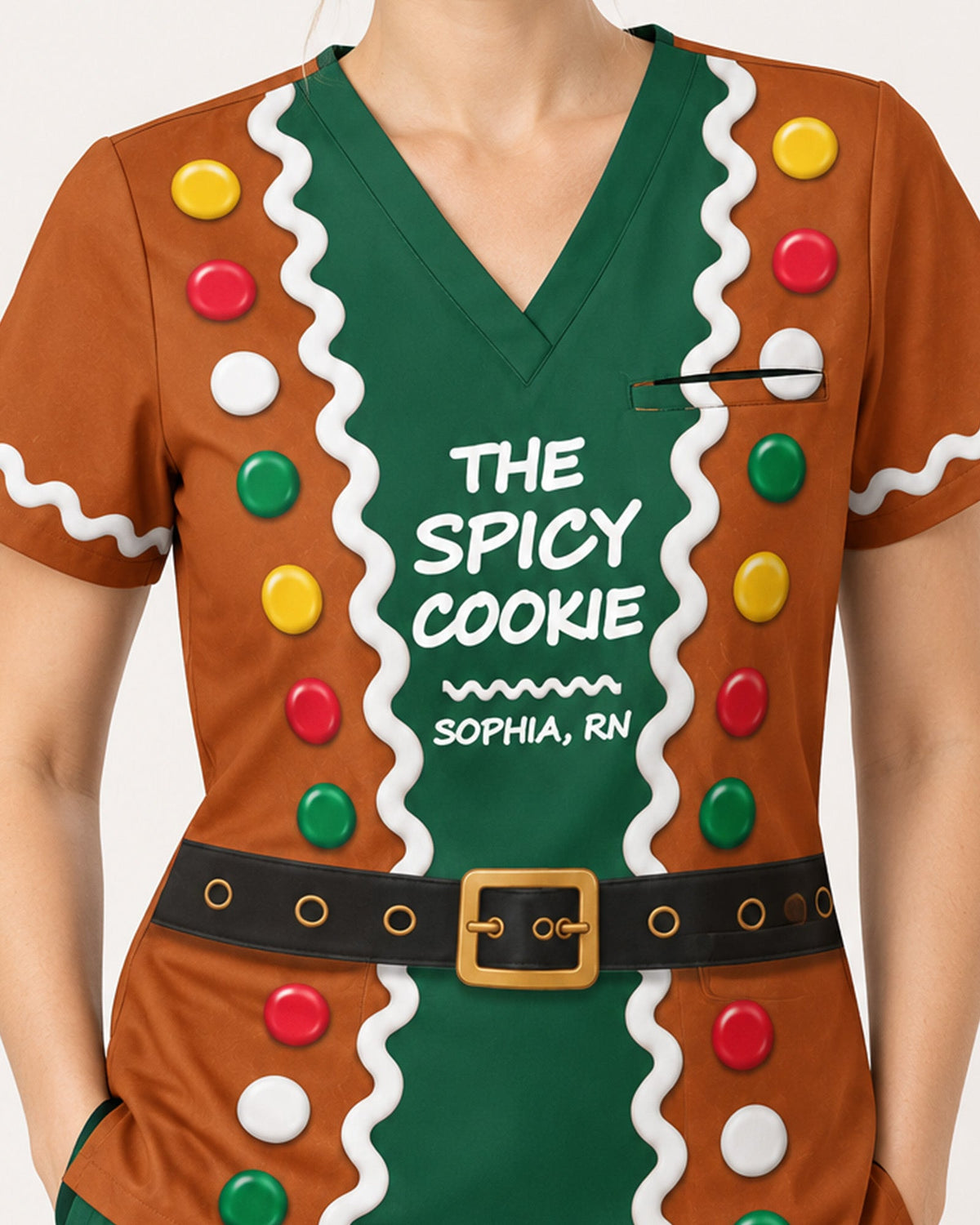 Personalized Name And Job Title Gingerbread Jacket Costome Scrub 3D Effect Print Funny Christmas Gift For Nurse Top - Scrubloop
