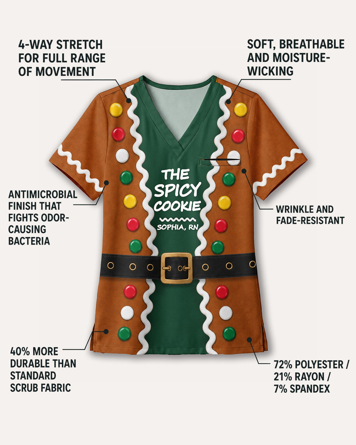Personalized Name And Job Title Gingerbread Jacket Costome Scrub 3D Effect Print Funny Christmas Gift For Nurse Top - Scrubloop