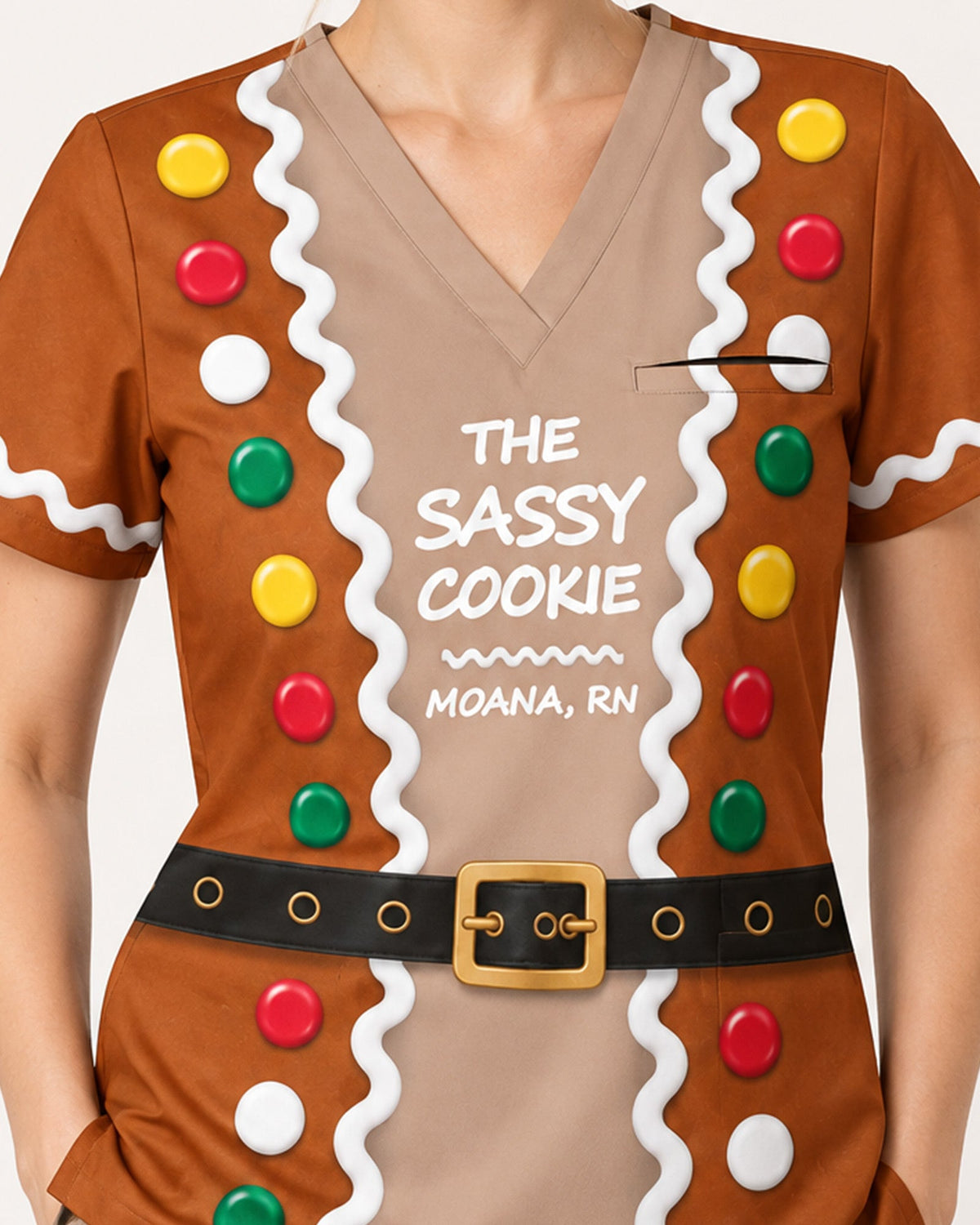 Personalized Name And Job Title Gingerbread Jacket Costome Scrub 3D Effect Print Funny Christmas Gift For Nurse Top - Scrubloop