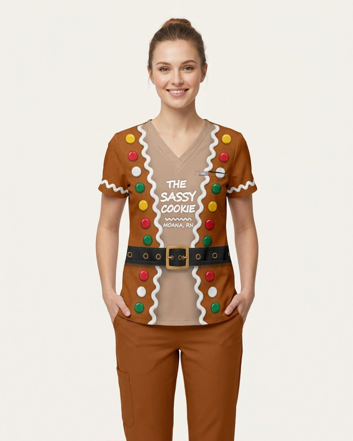 Personalized Name And Job Title Gingerbread Jacket Costome Scrub 3D Effect Print Funny Christmas Gift For Nurse Top - Scrubloop