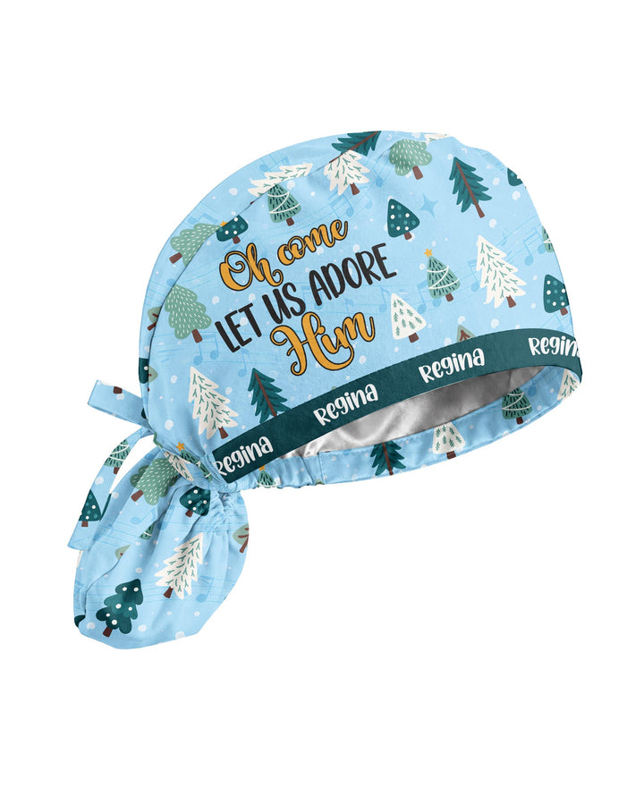 Personalized Name And Job Title Oh Come Let Us Adore Him Christmas Tree Pattern Christian Gift For Nurse Cap