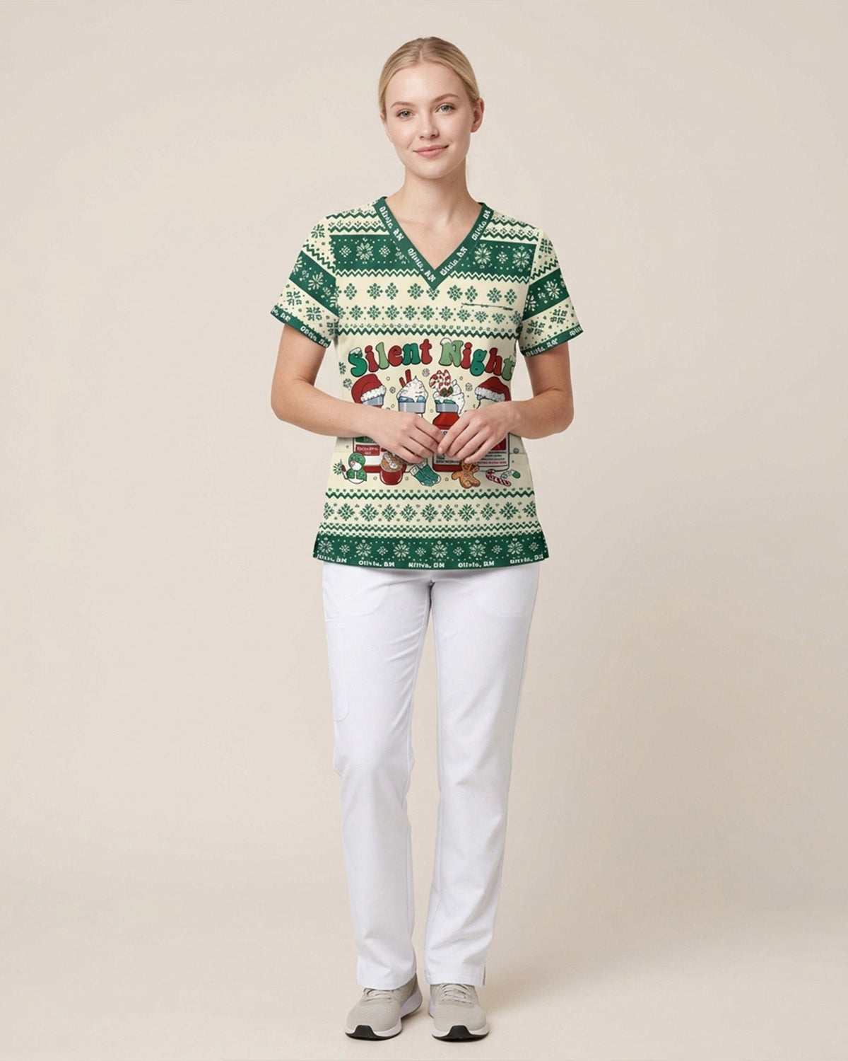 Personalized Name And Job Title Silent Night Ugly Sweater Pattern Funny Christmas Gift For Nurse Top - Scrubloop