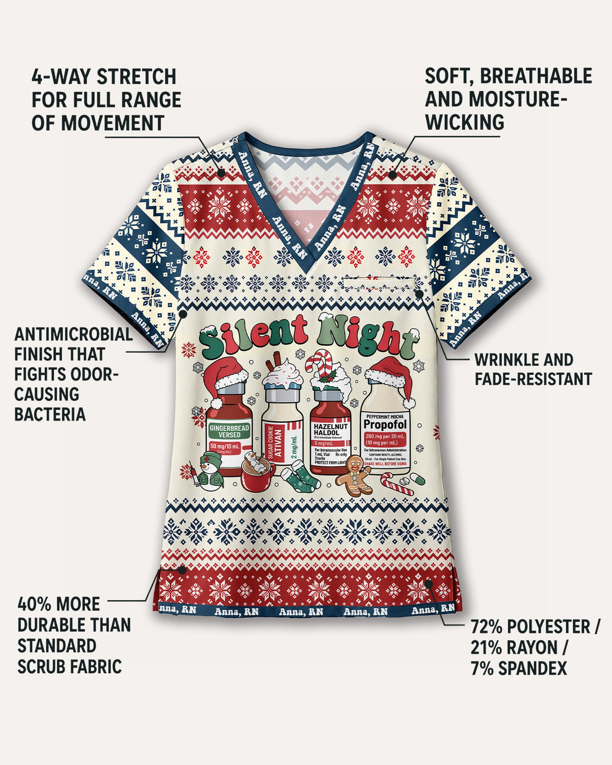 Personalized Name And Job Title Silent Night Ugly Sweater Pattern Funny Christmas Gift For Nurse Top - Scrubloop