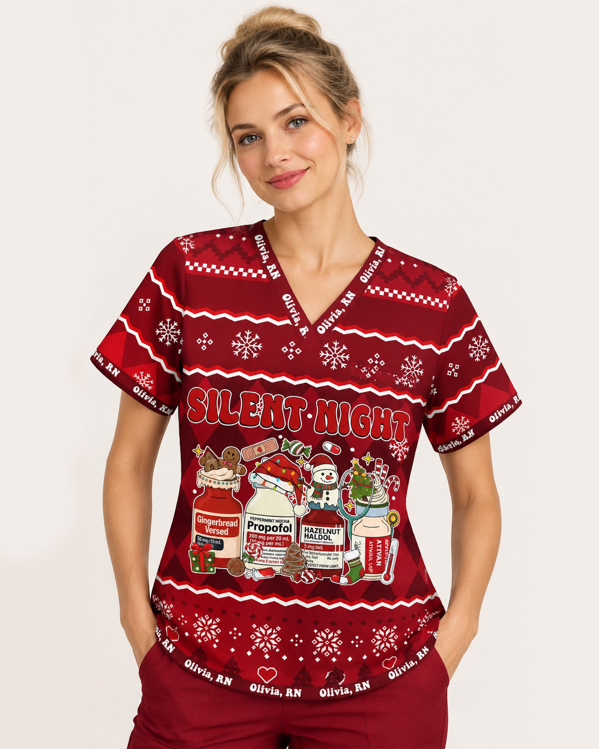 Personalized Name And Job Title Silent Night Ugly Sweater Pattern Funny Christmas Gift For Nurse Top - Scrubloop