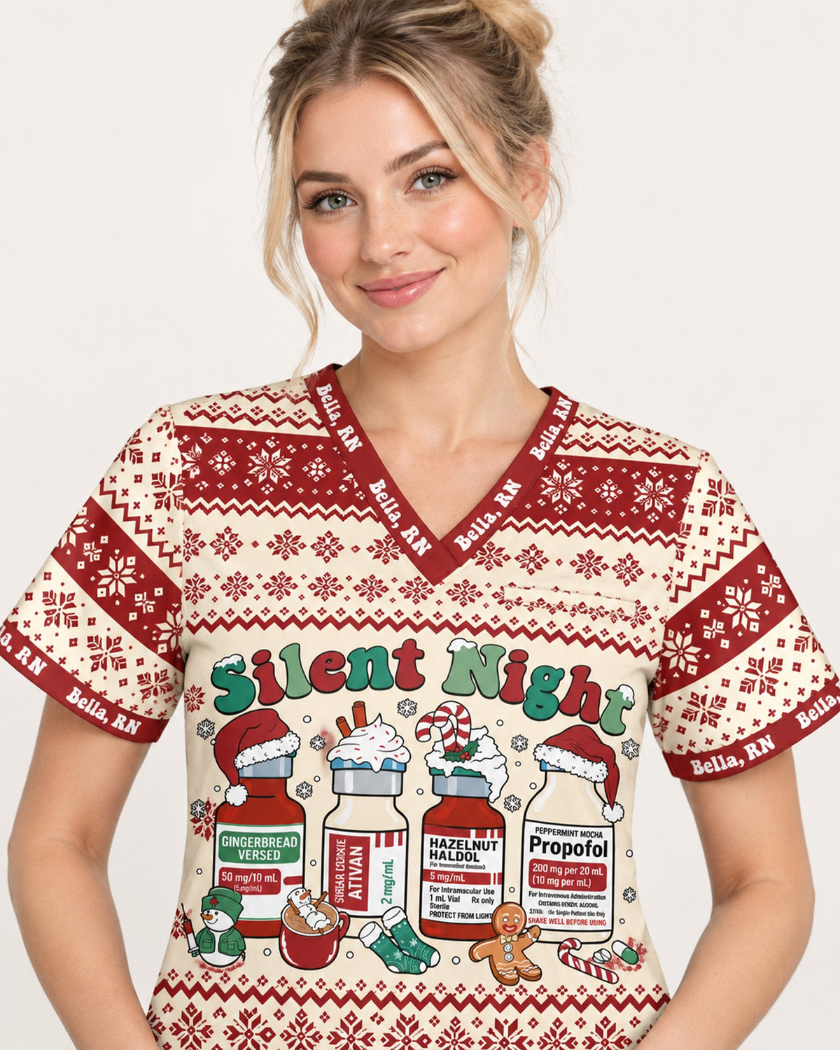 Personalized Name And Job Title Silent Night Ugly Sweater Pattern Funny Christmas Gift For Nurse Top - Scrubloop