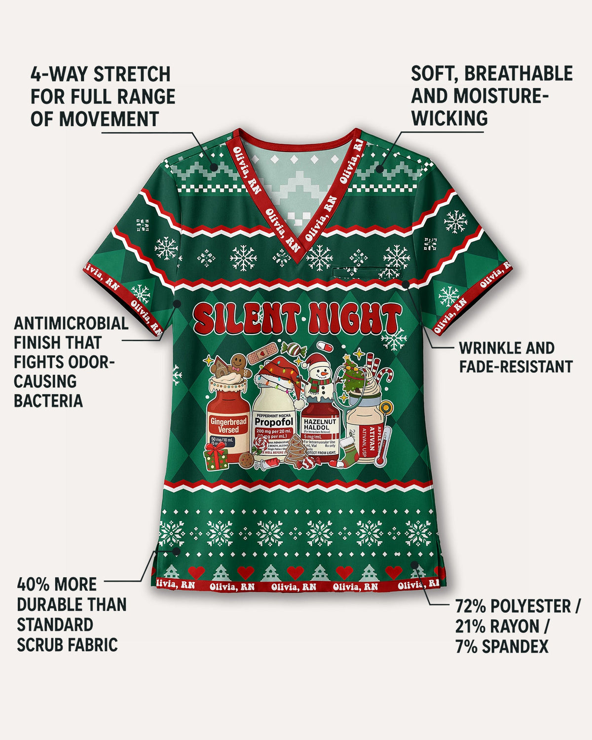 Personalized Name And Job Title Silent Night Ugly Sweater Pattern Funny Christmas Gift For Nurse Top - Scrubloop