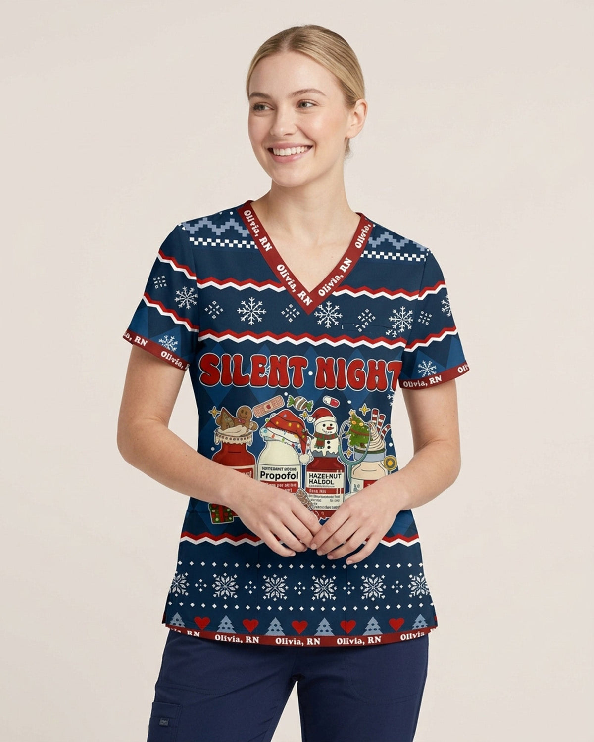 Personalized Name And Job Title Silent Night Ugly Sweater Pattern Funny Christmas Gift For Nurse Top - Scrubloop